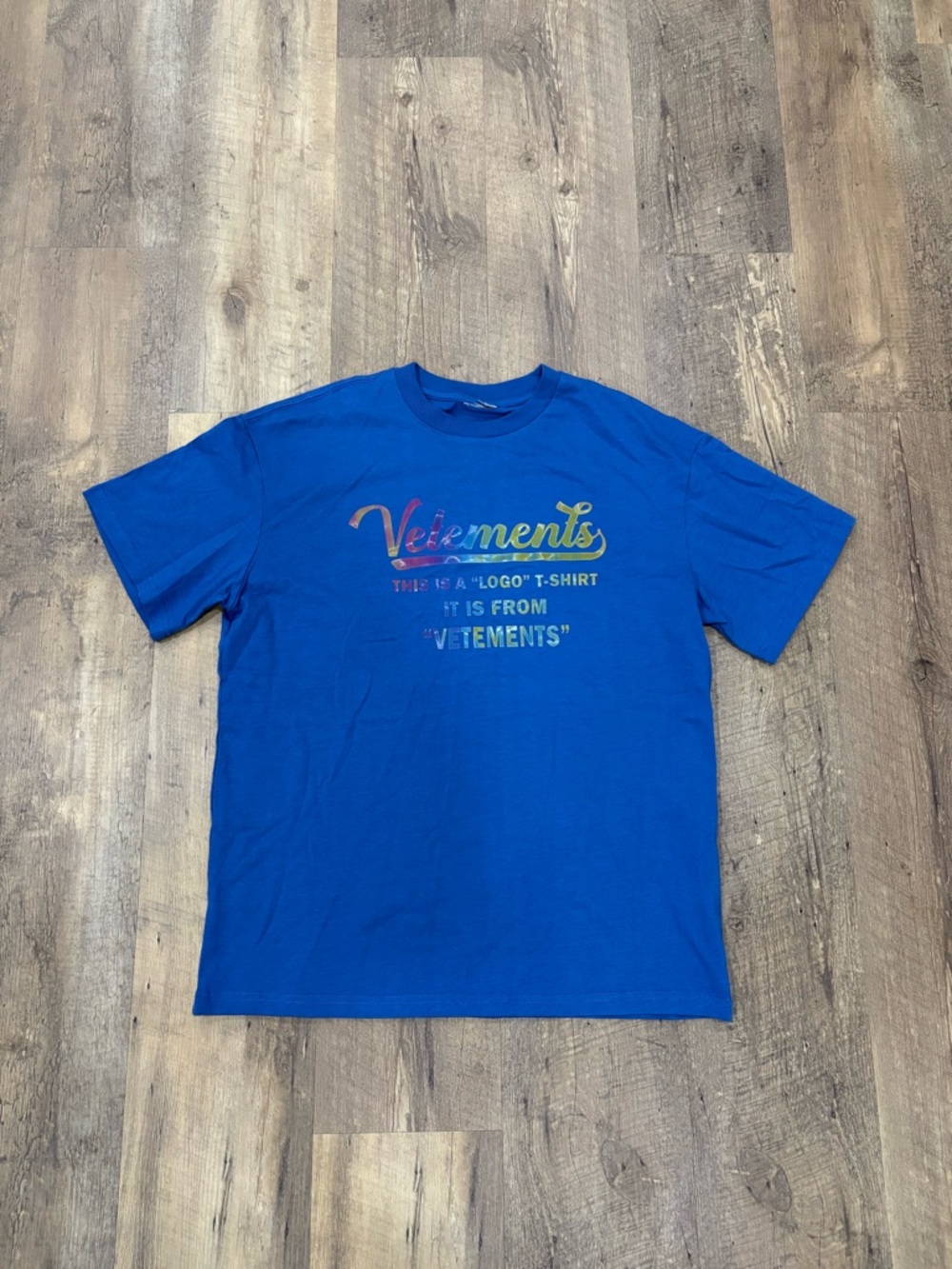 Vetements Royal Blue Short Sleeve Logo Tee with Rainbow Print